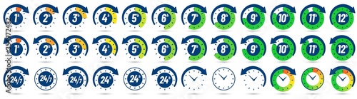 Color hours icon. Timer from 1 to 12 hours, time ago and next label dial with arrow. Clock, 24 7 and 24h available vector icons set. Illustration timer hour, clock watch time deadline