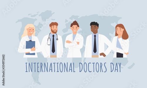 International doctors day. Clinical professionals, men and women doctors in white medical gowns with world map. Healthcare vector concept. Medical doctor day, hospital staff care illustration