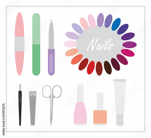 Manicure tools and accessories. Manicure scissors, nail files, nail clippers, manicure trimmer, nail polish, cream, nail polish palette. Vector set of pastel colors
