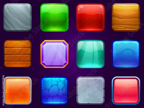 Game UI square buttons. Metal steel, wooden and diamond button frame. Cartoon glossy buttons for kids games vector illustration set. Ui interface set, wooden and metal, game stone