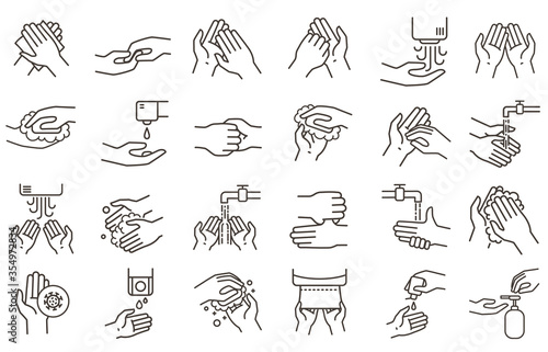Hand washing and disinfection icons. Hands sanitizer, rub with soap and germs protection. Clean hands icon bathroom vector illustration set. Wash and prevention infection, disinfectant and cleanser