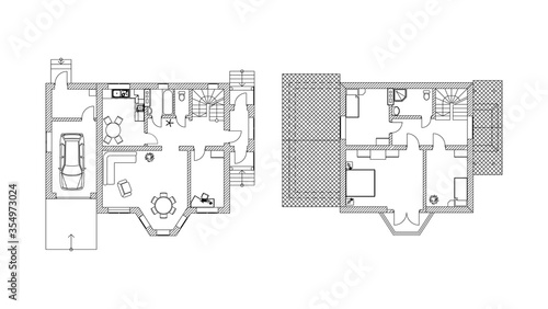 Two-storey suburban house. Black and White floor plans of a modern apartment. Vector interior design. Architectural background.