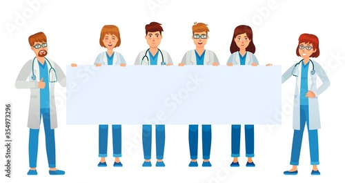 Doctors holding empty banner. Medical staff and doctors hold poster blank, professional clinic show and presentation. Vector illustration