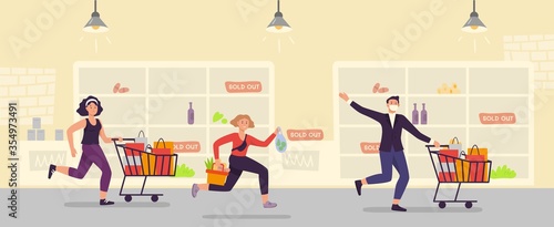 Panic buying. People run with full cart at supermarket. Customer shopping hysteria. Vector illustration. Family making stockpile for quarantine
