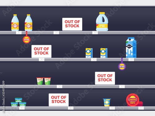 Supermarket shelf with sold out products. Supermarket interior with empty shelf, market store grocery, retail vector illustration in period epidemic