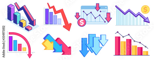 Fall down chart. Finance crisis, business problem and economy drop. Down arrow graph, loss and decrease income. Profit declining vector set. Crisis economy, arrow down, problem decrease illustration