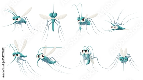 Cartoon mosquito. Angry forest flying mosquitoes, scared and dead insect. Mosquito drinking blood vector illustration set. Mosquito insect, cartoon gnat character collection, wildlife pest
