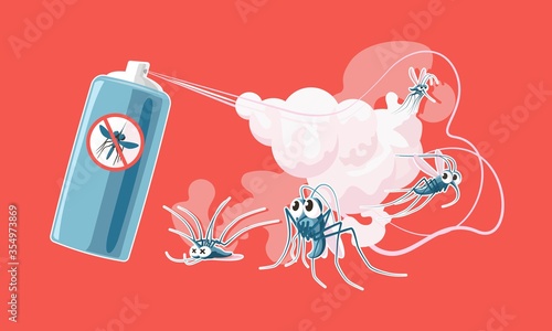 Anti mosquito spray. Scared and dead mosquitoes, sprayed insecticide poison cloud and summer insect protection spray bottle cartoon vector illustration. Anti spray insect, mosquito repellent