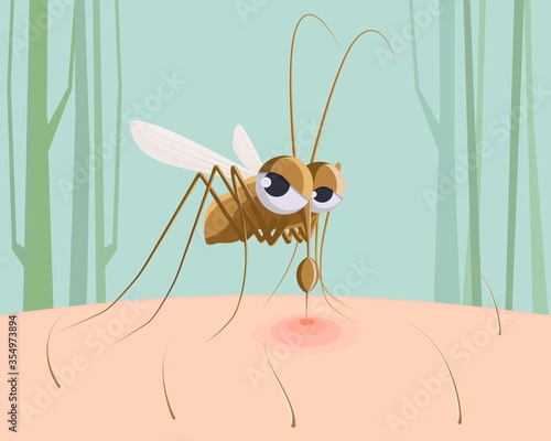 Mosquito sucking blood. Funny pest insect, mosquito bite red mark on skin cartoon vector illustration. Insect mosquito, blood bite, bloodsucker cartoon