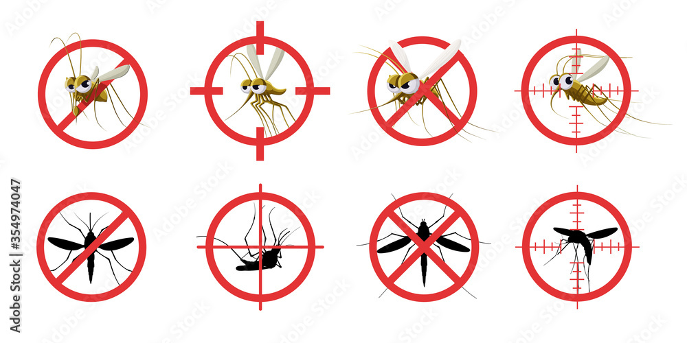 Anti mosquito sign. Informational red prohibited mosquito target, signaling stop gnat bite dangerous infection, sanitation care. Vector set of anti insect, pest stop, mosquito and gnat illustration Anti mosquito sign. Informational red prohibited mosquito target, signaling stop gnat bite dangerous infection, sanitation care. Vector set of anti insect, pest stop, mosquito and gnat illustration