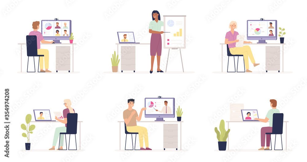 Business video conference. People work and meeting with video online software. Stay at home to prevent coronavirus covid-19 vector concepts. Conference online meeting, business group team illustration Business video conference. People work and meeting with video online software. Stay at home to prevent coronavirus covid-19 vector concepts. Conference online meeting, business group team illustration