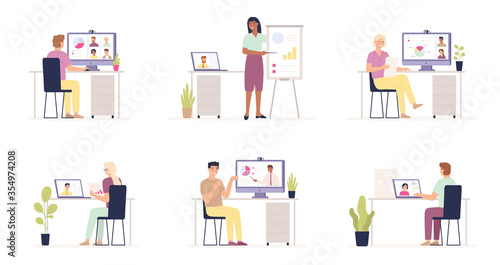 Business video conference. People work and meeting with video online software. Stay at home to prevent coronavirus covid-19 vector concepts. Conference online meeting, business group team illustration