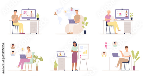 Team working remotely. Distance job, users in corporate cloud system, remote business management, online global outsourcing vector. Corporate system cloud, management global illustration
