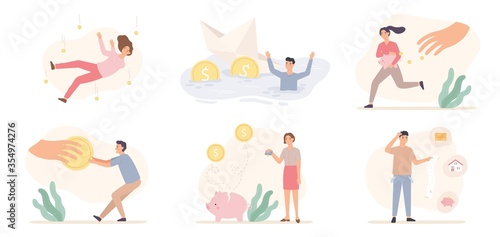 Financial problems. Global crisis business bankruptcy, unpaid loan debt. Money problem, depressed people vector set. Bankruptcy and problem, crisis economic, finance loss market illustration