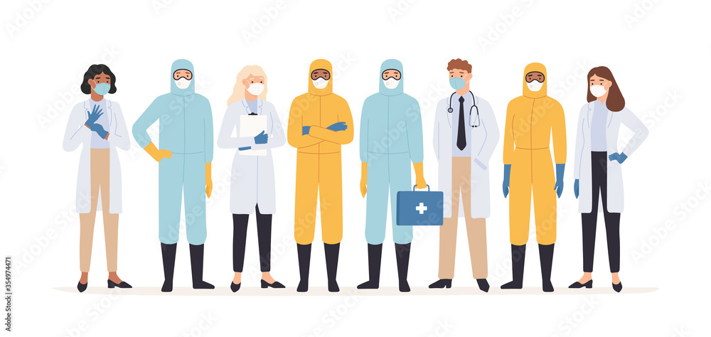 Medical workers. Professional doctors and nurses in protective suits standing together. Covid 19 virus outbreak pandemic vector concept. Medical covid-19, medicine professional team illustration Medical workers. Professional doctors and nurses in protective suits standing together. Covid 19 virus outbreak pandemic vector concept. Medical covid-19, medicine professional team illustration