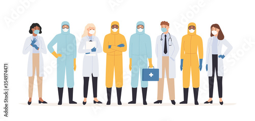 Medical workers. Professional doctors and nurses in protective suits standing together. Covid 19 virus outbreak pandemic vector concept. Medical covid-19, medicine professional team illustration