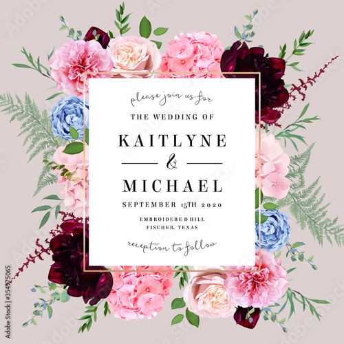 Blush pink rose, burgundy dark red peony, hydrangea, blue fern, greenery vector design.