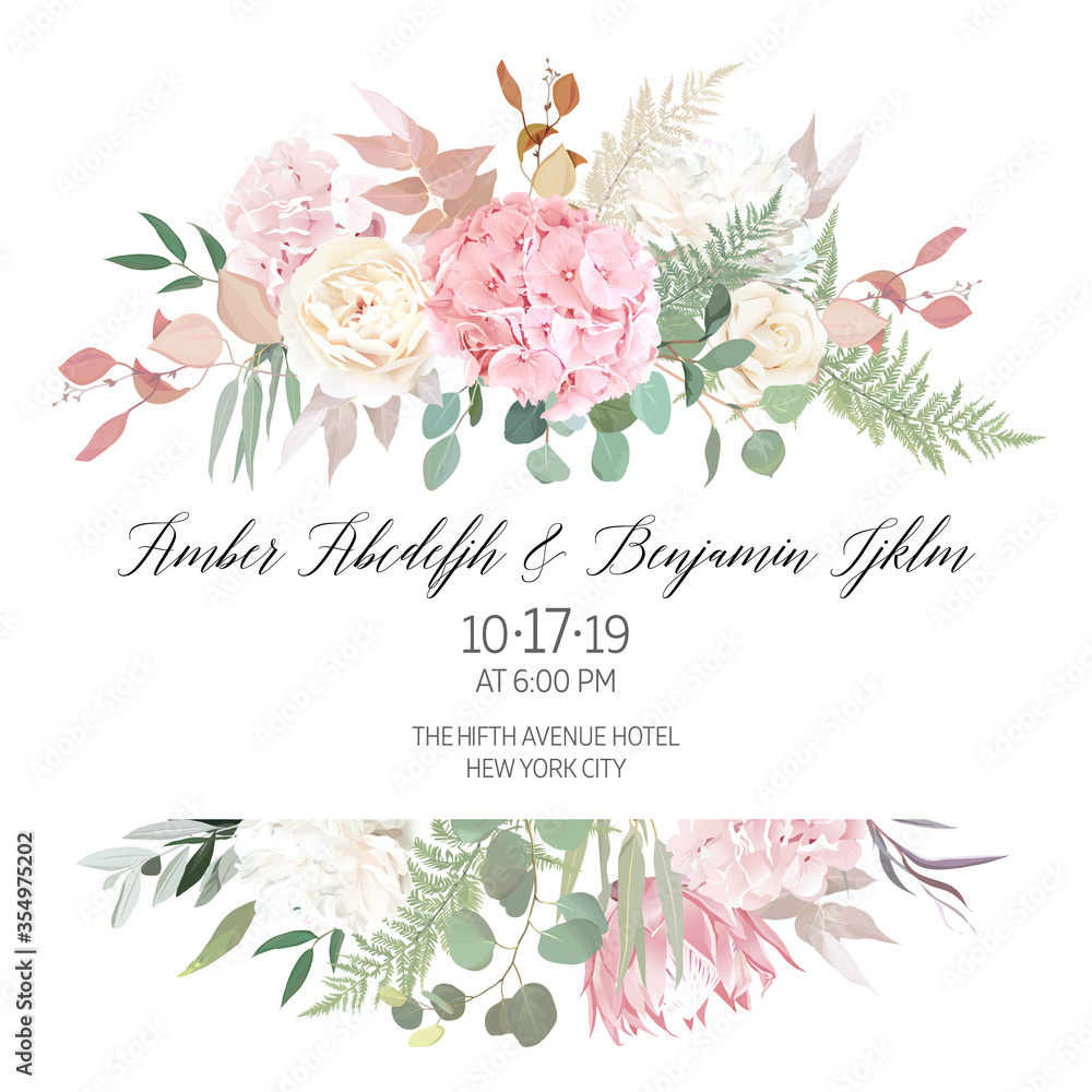 Naklejka Dusty pink blush, white and creamy hydrangea, peony flowers vector design