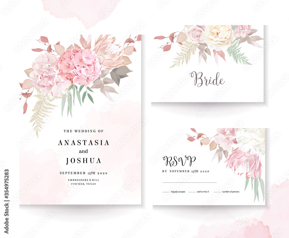 Elegant wedding cards with pink watercolor texture and dry flowers