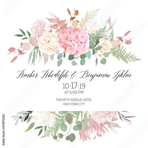 Dusty pink blush, white and creamy hydrangea, peony flowers vector design