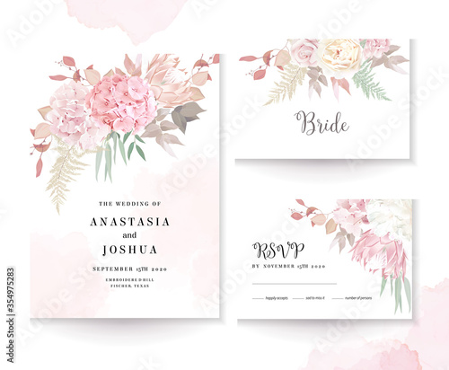 Elegant wedding cards with pink watercolor texture and dry flowers