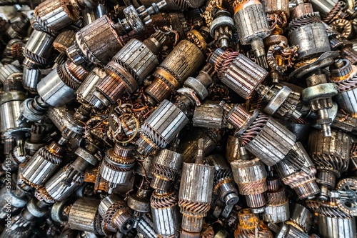 scrap yard of car's start motor rotor for recycling
