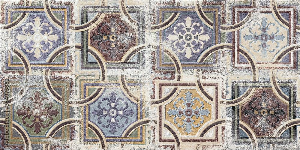 Colorful ceramic tiled front wall with in village in Andalusia, Old brown beige blue vintage shabby patchwork tiles stone concrete cement wall texture background,Detail of some typical portuguese tile