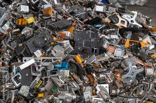  Scrap yard electronic waste for recycling with selective focus. electronic aluminium waste