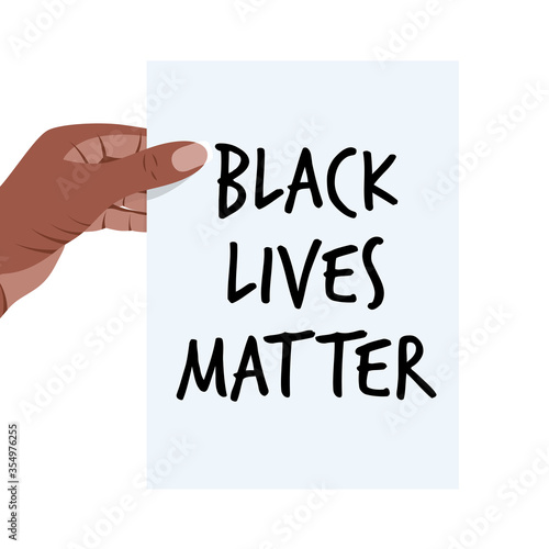 Black Lives Matter. Vector Illustration with text on white paper list in african woman hand. Protest against racism and social inequality concept. For social media, web, banner, tag photo
