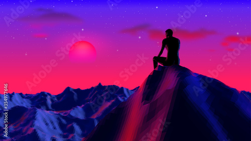 Neon colored concept with digital man sitting and thinking on the cliff with 80s synthwave style. Purple and blue mountain landscape background