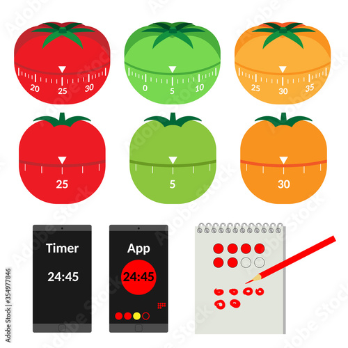 Items for describing the Pomodoro Technique for Time Managment. Tomato mecanical timers. Time Intervals of Work and Rest. Accounting for the numbers of pomodoros. Vector Illustration. White Isolated.