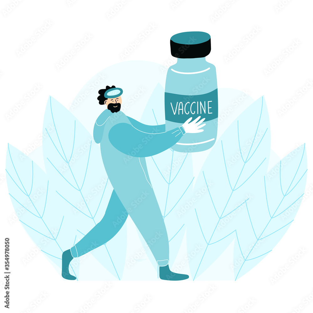 Virologist carries a vaccine bottle. Scientist has completed the development of the vaccine and he is happy. Vector illustration on a white background. Virologist carries a vaccine bottle. Scientist has completed the development of the vaccine and he is happy. Vector illustration on a white background.