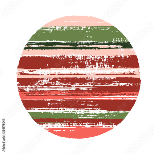 Rough circle vector geometric shape with stripes texture of paint horizontal lines. Old paint texture disk. Badge round shape circle logo element with grunge stripes background.