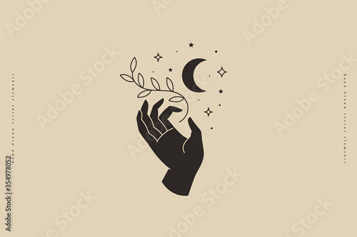 Hand keeps branch with sheets on background of crescent and stars. Trendy minimalistic magic symbol on light background. Vector illustration for organic cosmetics and packaging for handmade products.