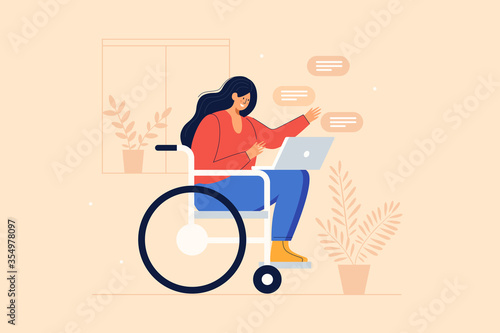 Young joyful girl in a wheelchair communicates via internet applications on a laptop. Communication and correspondence through social networks of people with reduced mobility. Vector illustration.