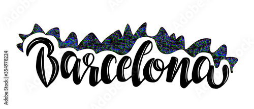 Hand drawn illustration and lettering of word Barcelona in black color with textured dragon crest for souvenir products, icon or emblem, screensaver for site, article and advertising.