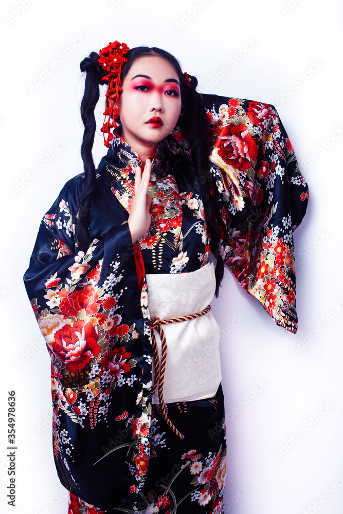 young pretty geisha in black kimono with sakura, asian ethno closeup on white background isolated young pretty geisha in black kimono with sakura, asian ethno closeup on white background isolated
