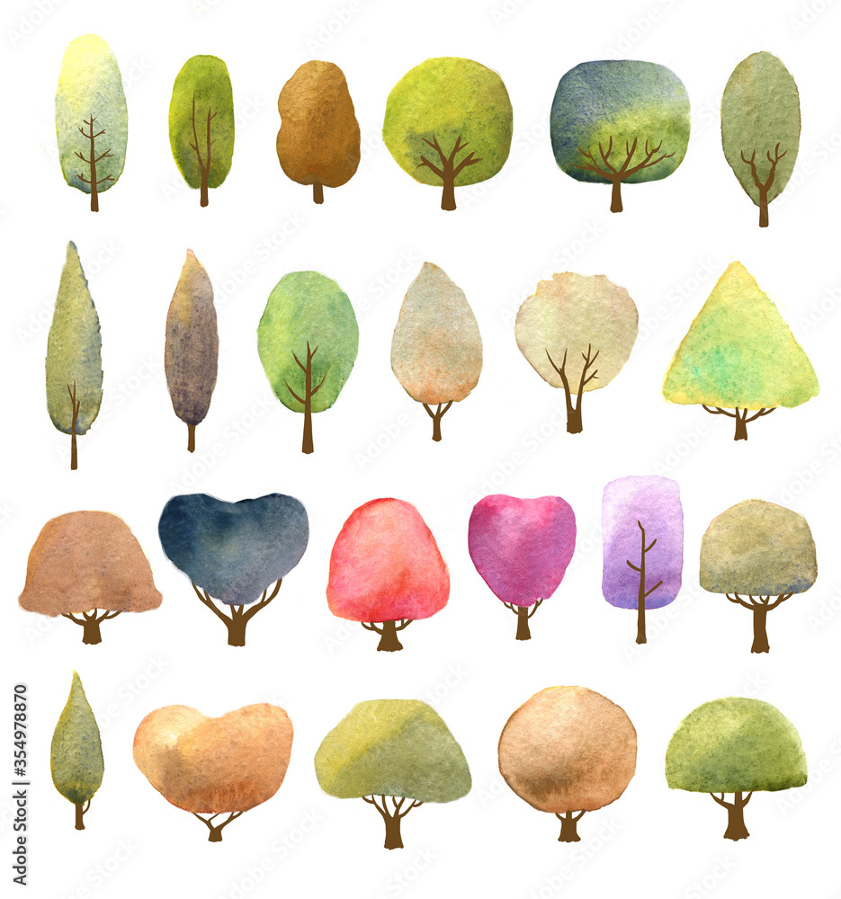 set of watercolor trees isolated on white with various colors, for ...