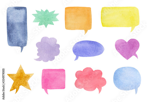 set of watercolor speech bubbles isolated on white. hand-drawn illustration