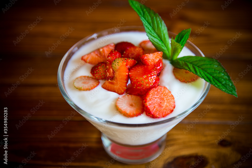 sweet homemade yogurt with red ripe fresh strawberries sweet homemade yogurt with red ripe fresh strawberries
