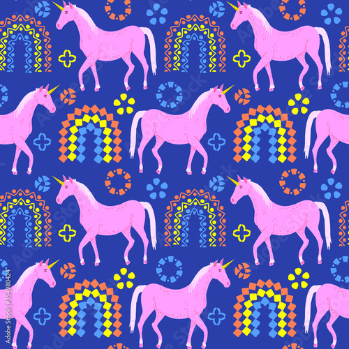 Seamless pattern of unicorn with ornamental rainbow. Repeatable textile vector print, wallpaper design.