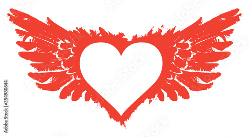Flying heart. Vector graphic abstract illustration of a white heart with red wings isolated on white background. Suitable for valentine card, photo frame, t-shirt design, tattoo, design element