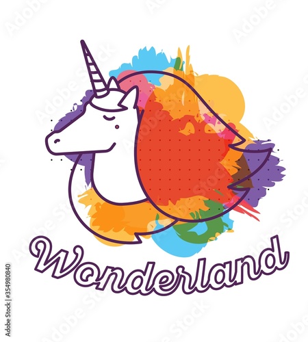 Vector multicolor illustration of cute magic unicorn head with horn, mane, curls and word wonderland.