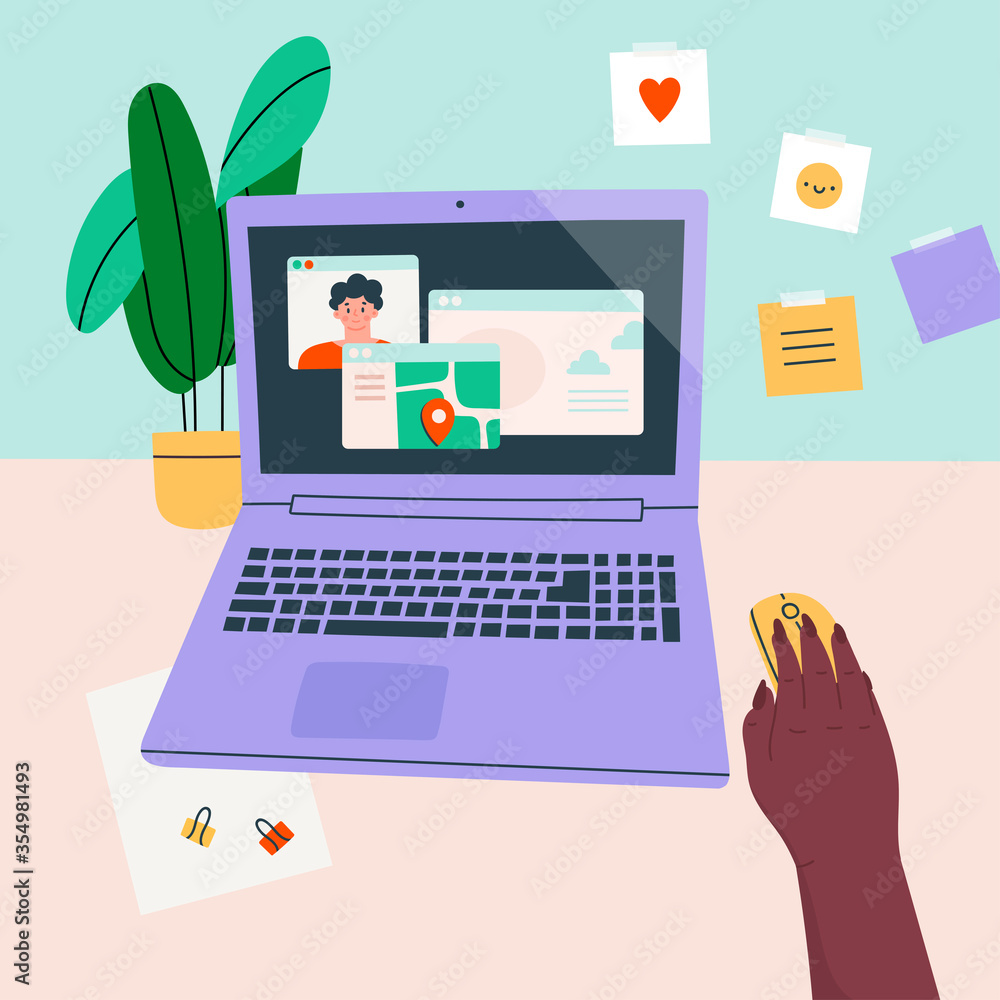 Workplace, working desk. Point of view on Laptop screen. Virtual chat, video call, maps app. Communication concept. Hand drawn Vector illustration