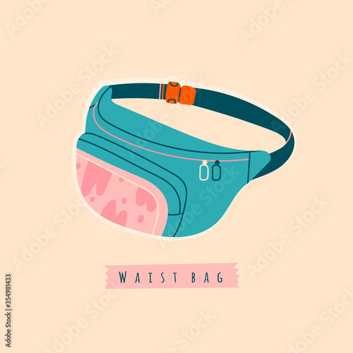 Bright fashionable Waist bag. Colorful banana shaped belt bag. Hand drawn trendy isolated Vector illustration. Fancy retro fashion accessory. Cool print
