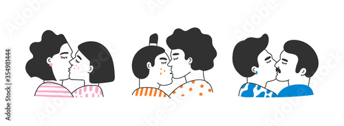 Gay male and female Couples being loving and happy. Men and women kissing. Pride community concept. Set of three Hand drawn Vector illustrations. Isolated on white background