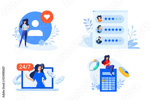 Flat design style illustrations of star rating, review, online support, calculation . Vector concepts for website banner, marketing material, business presentation, online advertisin