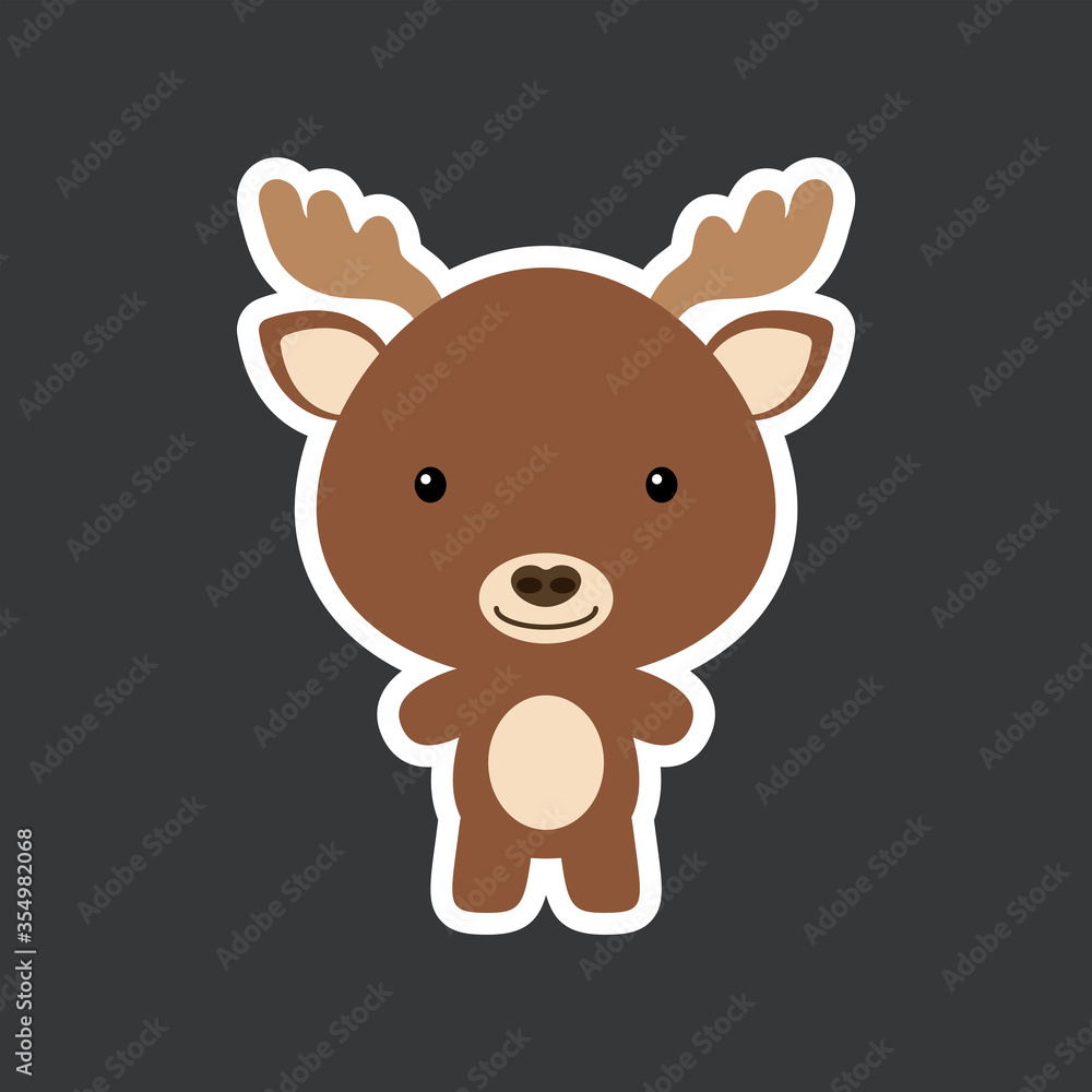 Fototapeta premium Cute funny baby moose sticker. Woodland adorable animal character for design of album, scrapbook, card, poster, invitation.