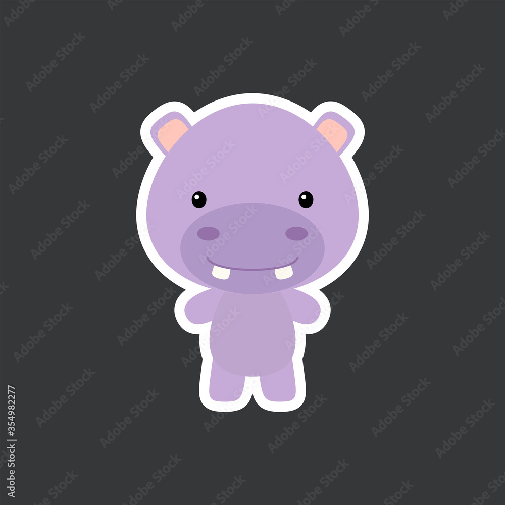 Fototapeta premium Cute funny baby hippo sticker. African adorable animal character for design of album, scrapbook, card, poster, invitation.