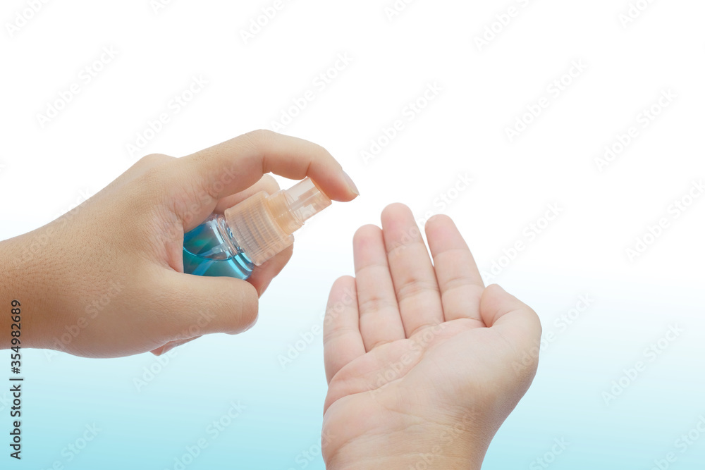 Hands cleaning with liquid alcohol spray portable prevent infection Covid-19. Hands cleaning with liquid alcohol spray portable prevent infection Covid-19.